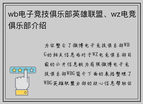 wb电子竞技俱乐部英雄联盟、wz电竞俱乐部介绍